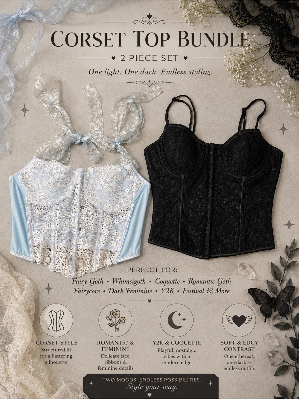 Corset Top Bundle S M Lace Y2K Fairy Goth Whimsigoth Coquette Bustier